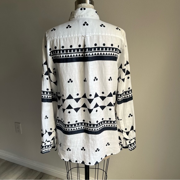 J Crew Linen Size 10 Shirt Blouse Navy Blue White Rollup Sleeves - Picture 2 of 16